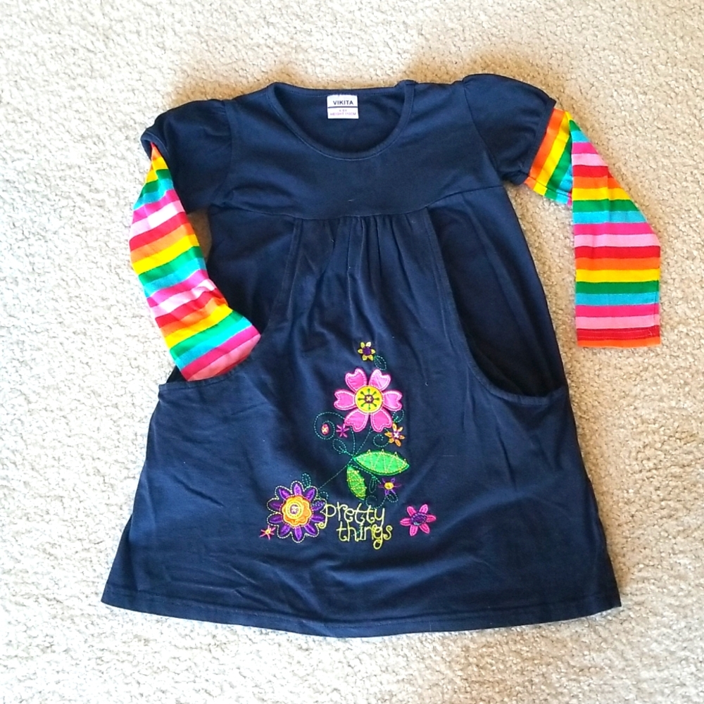 Girls Navy and Rainbow Dress/Tunic w/ Pockets (girls size 4-5l
